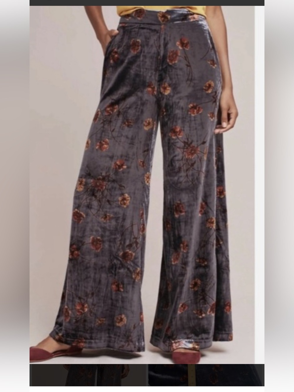Anthropologie Velvet Wide-Leg Skirted Pants — Gray with Orange & Gold Floral